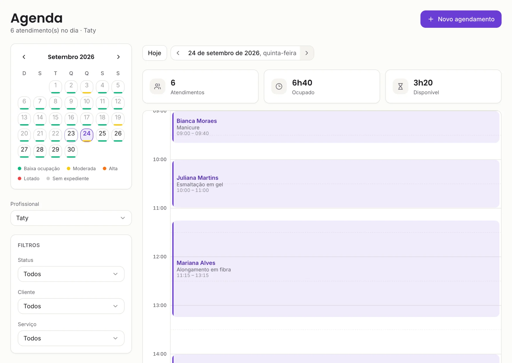 Agenda do Impegni: calendário de ocupação do mês e o dia de uma profissional com seis atendimentos marcados