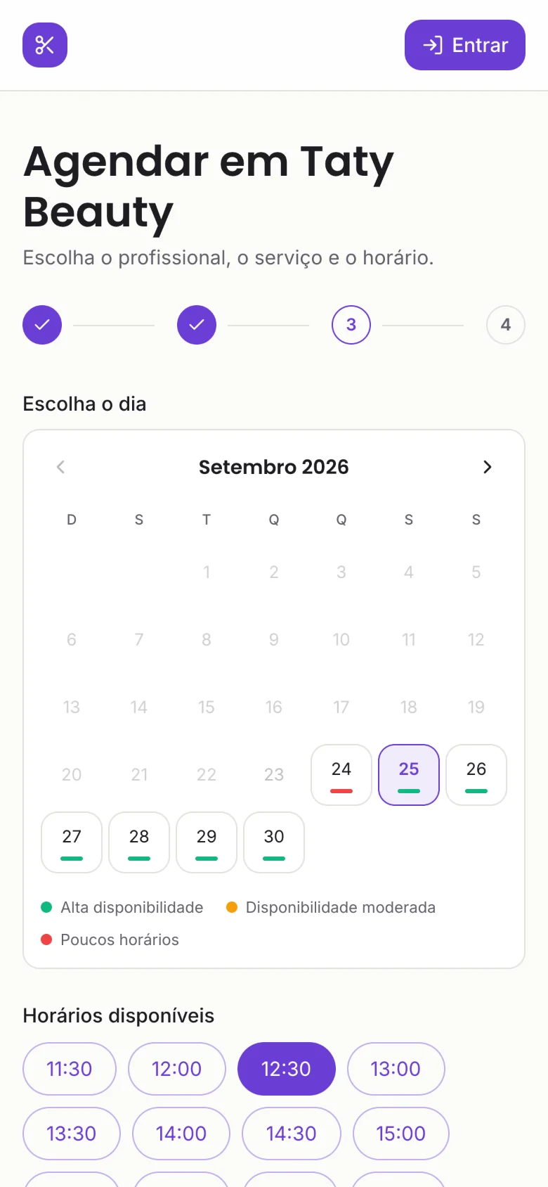 No celular, o cliente escolhe o dia no calendário e um dos horários disponíveis