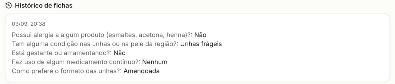 Histórico de fichas de anamnese da cliente, com as respostas registradas
