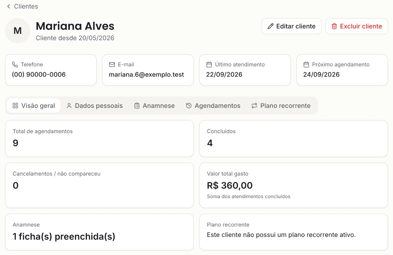 Ficha de uma cliente no Impegni com telefone, e-mail, último atendimento, próximo agendamento e resumo dos atendimentos
